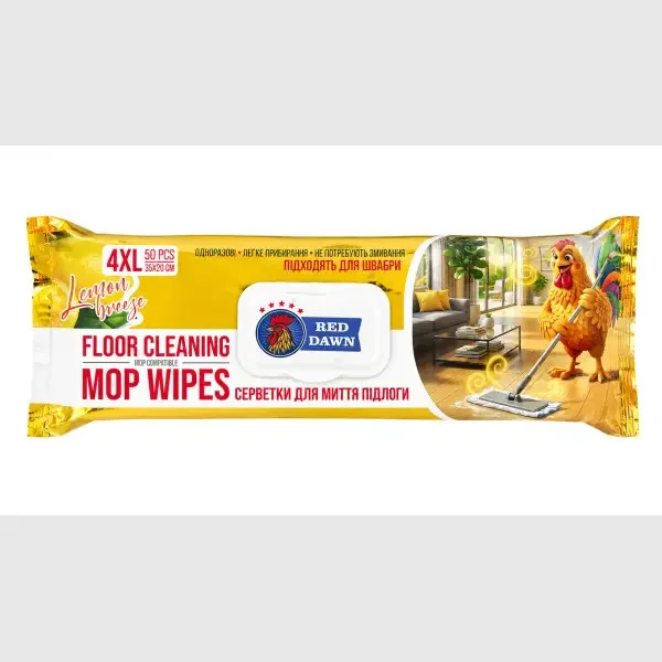 Серветки для прибирання Підлоги Моп систем Red Dawn Floor Cleaning MOP Wipes 4XL INDP comparable Ред Давн Лимон 50шт