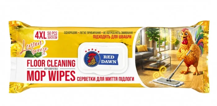Серветки для прибирання Підлоги Моп систем Red Dawn Floor Cleaning MOP Wipes 4XL INDP comparable Ред Давн Лимон 50шт