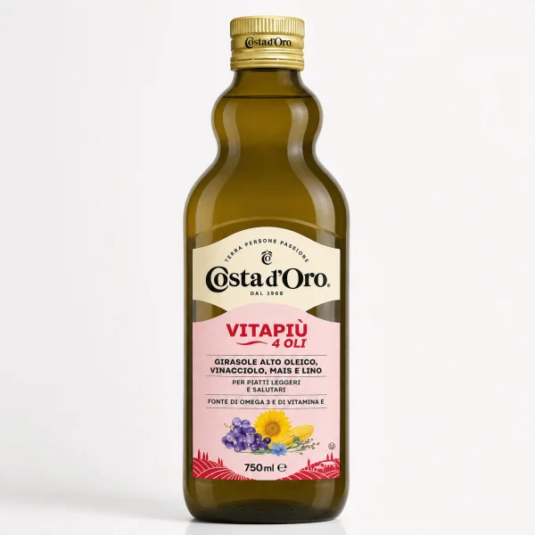 Суміш олій Costa d'Oro Vitapiu 4Oils Коста ДОро Для легких страв Соняшник Виноградна Кукурудзяна Лняна олії Вітамін Е Омега3 750мл - 1