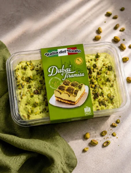 Тірамісу десерт Дубаї Italia del Gusto Dubai Tiramisu Dessert Італія дел Густо фісташковим кремом з Маскарпоне Бокс з кришкою 450г - 1