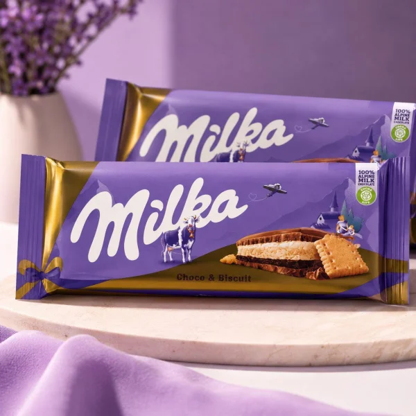 Шоколад плитка сендвіч Milka Choco & Biscuit Alpine Milk Chocolate Мілка Молочний Шоколад з бісвітним печивом 300г - 2