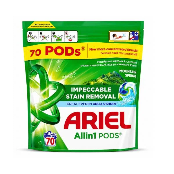 Капсули для прання Універсальні Ariel Eco Pods All-in-1 Stain Removal Mountain Spring Арієль Швидкорозчинні Виведення плям 70шт - 3