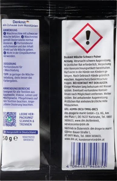 Порошок для Чорної білизни відновлення Кольору Denkmit Wäsche Schwarz Pulver Денкміт для посилення Яскравості Чорного 1прання 50г - 4