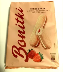 Товар Печиво пісочне Сендвіч Biedronka Bonitki Biszkopciki Truskawkowe Боніткі Палочки бісквітні з полуничним вершковим кремом 12шт 170г
