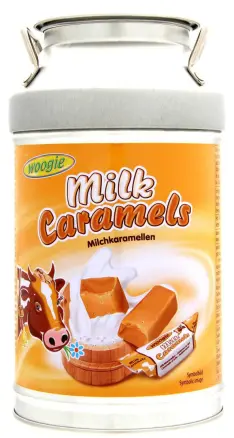 Цукерки Корівки Woogie Milk Milchcaramellen Caramels Вугі молочна Карамель у металевій скарбничці Бідончик 250г