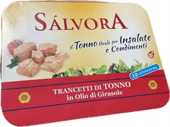 Товар Тунець філе у Соняшниковій олії Salvora Trancetti di Tonno in Olio Di Girasole Сальвора Шматочки 12шт 960г