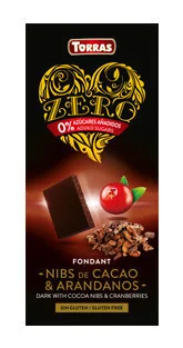 Чорний шоколад Torras без цукру torras zero with cocoa nibs and cranberries з какао-бобами та журавлиною іспанія 125 г