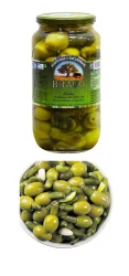 Товар Оливки Гордаль з Корнішонами Bravo Encurtidos Aceitunas Kimbo Gordales Браво Гігантські без кісточок фаршировані Банка 1000г