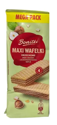 Вафлі солодкі Biedronka Bonitki Maxi Wafelki Mega Pack Orzechowe Боніткі з фундуком 10шт 450г