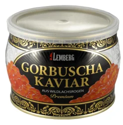 Товар Ікра червона Горбатого Лосося Lemberg Gorbusha Kaviar aus wildlachsrogen Premium Alaska Лемберг горбуша з Аляски Баночка 500г