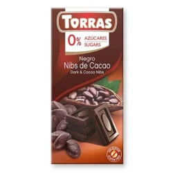 Товар Шоколад Чорний без Глютену Torras Negro Dark&Cocoa Nibs Nibs de Cacao Chocolate 0%Sugar Торас Чорний з какао-бобами Плитка 75г