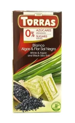 Товар Шоколад Білий без Глютену Torras Blanco Algas&Flor Sal Negra Chocolate 0%Sugar Торас Водорості Чорна морська сіль Плитка 75г