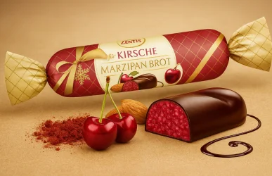 Товар Цукерка Марципан Zentis Marzipan Brot fur Kirsche Cherry Зентіс Марципановий батончик з Мигдалем Вишня 100г