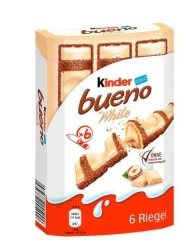Товар Шоколадно-вафельні батончики Kinder Bueno White Haselnuss Кіндер з білого шоколаду з молочним кремом 6шт коробка 129г