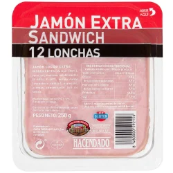 Товар Хамон варений з свинини тостовий Jamon Cocido extra Sandwich Хасендадо бутербродний Слайси 12шт Блістер 250г