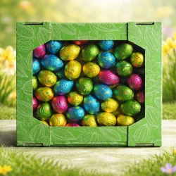 Товар Яйця Шоколадні вагові Великодні Baron Easter Chocolate Eggs Барон Пасхальні в фользі з праліне Асорті Коробка екран Зелена 2000г