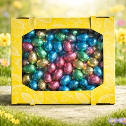Товар Яйця Шоколадні вагові Великодні Baron Easter Chocolate Eggs Барон Пасхальні в фользі з праліне Асорті Коробка екран Жовта 2000г