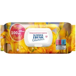 Товар Серветки вологі з Клапаном Універсальні Summer Fresh Glamour Mega Pack ароматизовані без Спирту аромат Лілія 120шт
