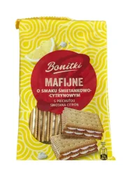 Товар Печиво Мафіни Сендвіч Biedronka Bonitki Mafijne Smietankowe Lemon Боніткі з Вершковим та Лимонним кремом потрійні 18шт 330г