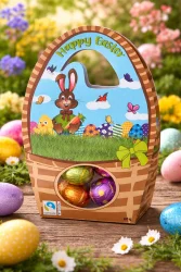 Товар Яйця Пасхальні Шоколадні в кольоровій фользі FairTrade Happy Easter Eggs Картон у формі Кошика 60г