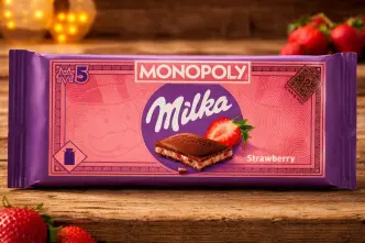 Шоколад молочний плитка Milka Monopoly game Series Мілка Монополія з полуничною начинкою Плитка 90г