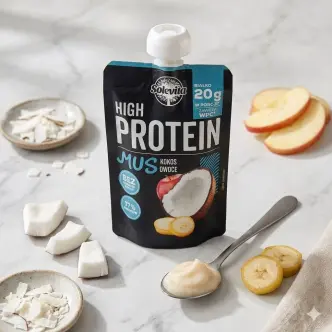 Мус Протеїновий без цукру Solevita High Protein Mus Owoce Kokos Солевіта Енергетичне пюре Білок 20г смак Кокос Фрукти 180г