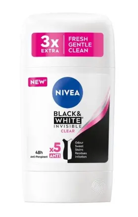 Антиперспірант Стік Nivea Black&White Invisible Clear 48h Antipersipant 3x Extra Fresh Gentle Нівеа Біле-Чорне Невидимий 50мл