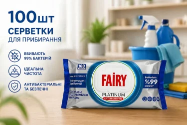 Товар Вологі серветки для прибирання Антибактеріальні Fairy Platimun Antibacterial Фейрі Платінум з Білим оцтом пакет з Клапаном 100шт
