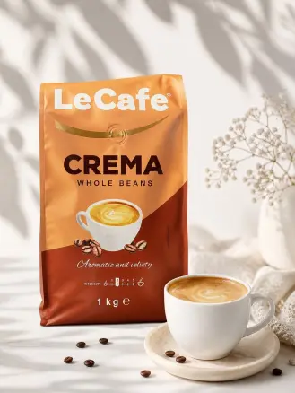 Кава в зернах Le Cafe CREMA Whole Beans Aromatic&Velvety Strongth 2 Ле Кафе Крема Купаж Арабіки збалансований смак Пакет 1000г