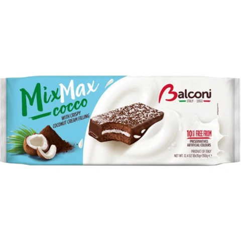 Тістечка бісквітні шоколадні Balconi Mix Max Cocco Dilicious Cocconut filling Cream з кокосовим кремом 10шт 350г