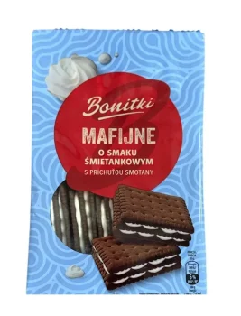 Печиво Мафіни Сендвіч Biedronka Bonitki Mafijne smaku Smietankowym Cacao Боніткі Какао з Вершковим кремом потрійні 18шт 330г