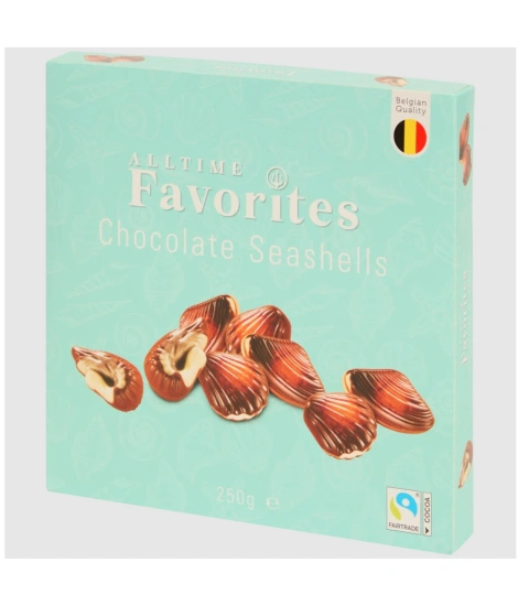Цукерки Ракушки шоколадні Бельгійські Асорті Alltime Favorites Chocolate Seashells Олтайм морські мушлі Коробка 20шт 250г