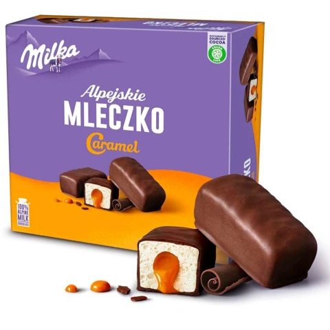 Цукерки Пташине Молоко Milka Alpejskie Mleczko Caramel Мілка Альпійське молочко з Карамеллю Коробка 16шт 350г