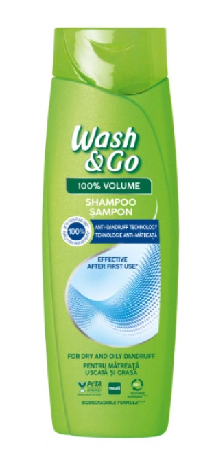 Шампунь проти лупи Wash&Go 100% Volume Shampoo with anti-Dandruff technology Вош енд Гоу Проти випадіння волосся 360мл