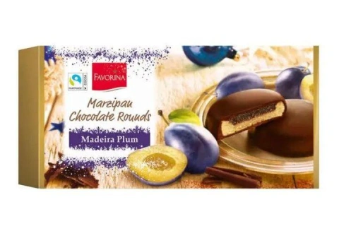 Марципан у шоколаді Favorina Marzipan Сhocolate Rounds Madeira Plums Фаворіна Шоколадні Кружечка з смаком Сливи Коробка 10шт 300г