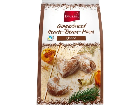 Пряники імбірні Глазуровані Різдвяні Favorina Gingerbread Hearts Bears Moons Glazed Фаворні сердечка-ведмедики-місяці Пакет 500г