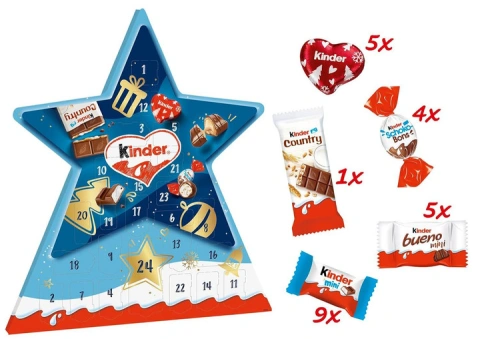 Набір Подарунок Новорічний Адвент календар Зірка Kinder Advent Calendar Star Шоколадні цукерки 24шт Дитячий з Віконцями 149г