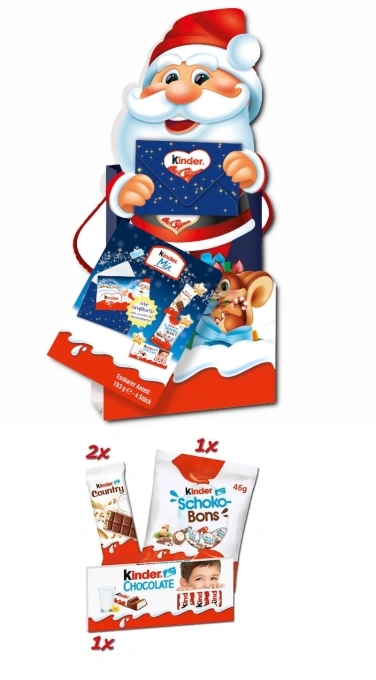 Набір Подарунок новорічний Kinder Mini Geschenktute Santa Кіндер мікс солодощів Пакет з ручками 4шт 193г