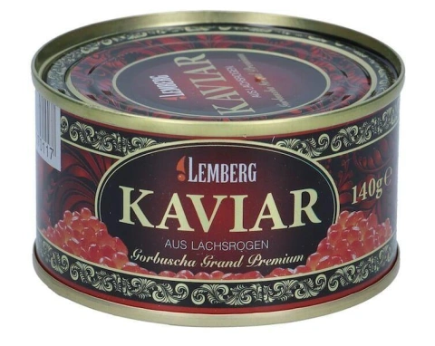 Ікра червона Лосося Lemberg Kaviar Gorbusha Grand Premium aus lachsrogen Alaska Лемберг горбуша Преміум Аляска Баночка 140г