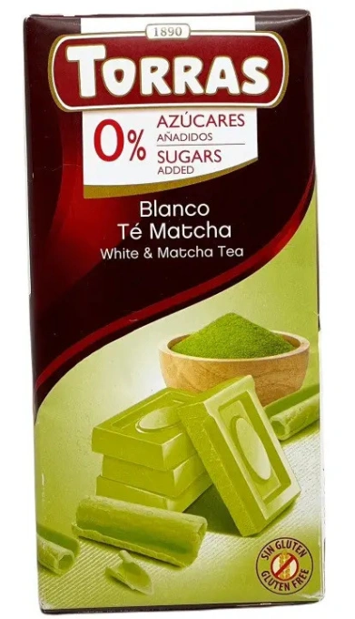 Шоколад Білий без Глютену Torras Blanco White&Te Matcha Tea Chocolate 0%Sugar Торас з Чаем Матча Плитка 75г