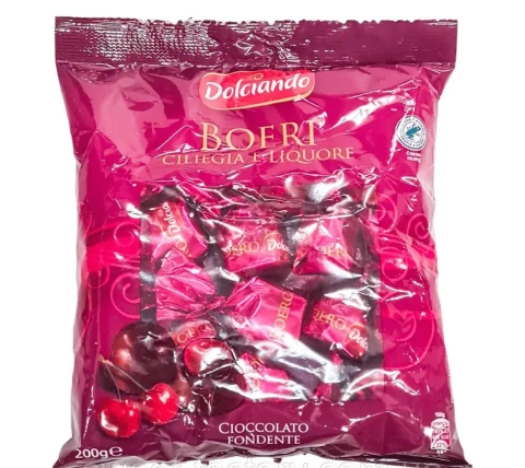 Шоколадні цукерки Вишня в Чорному шоколаді з лікером Dolciando Boeri Ciliegia Liquore Cioccolato Fondente Дольчіандо Пакет 200г