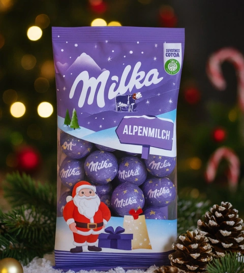 Шоколадні кульки Новорічні Cолодощі Milka Christmas Balls AlpenMilsch Мілка альпійський молочний шоколад Пакет 100г