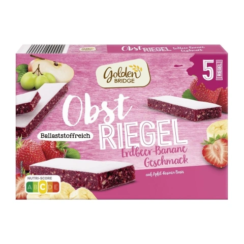 Батончики фруктові пастіла Без цукру Golden Bridge Obst Riegel Fruit Snack Strawberry Banana снеки Полуниця Банан 5шт 150г