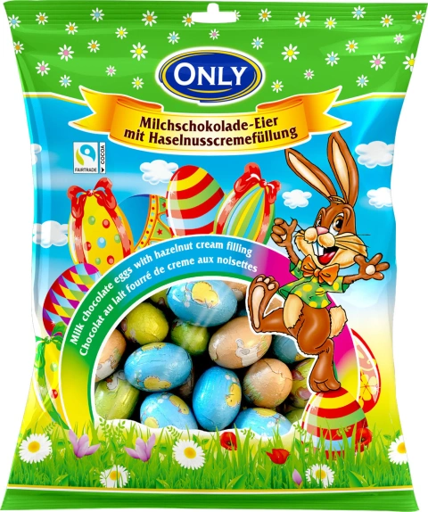 Яйця шоколадні Пасхальні Only MilchSchokolade Eier Онлі молочний шоколад з горіховим кремом у фользі з Малюнками Асорті 400г
