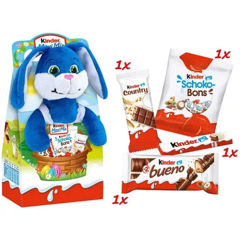 Набір Солодощів з мякою Іграшкою Пасхальний Kinder Maxi Mix Rabbit Кіндер максі Мікс цукерок та плюшевий синій Зайчик 133г