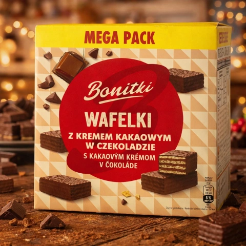 Вафлі шоколадні вагові Bonitki Wafelki z kremem Kakaowym w czekoladzie Mega pack Боніткі з какао кремом Коробка 600г