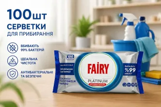 Вологі серветки для прибирання Антибактеріальні Fairy Platimun Antibacterial Фейрі Платінум з Білим оцтом пакет з Клапаном 100шт