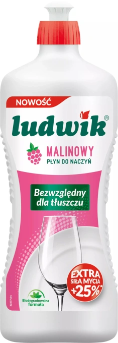 Гель для миття посуду Ludwik Extra Sila Malinowy Людвік Екстра сила Блискучий посуд аромат Малина 900г