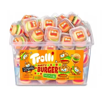 Цукерки Жувальні у формі Бургерів Trolli Party Burger Minis Тролі в індивідуальних упаковках 60шт Бокс з кришкою 600г
