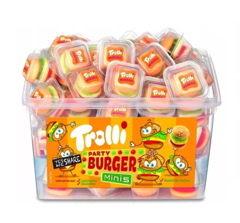 Цукерки Жувальні у формі Бургерів Trolli Party Burger Minis Тролі в індивідуальних упаковках 60шт Бокс з кришкою 600г